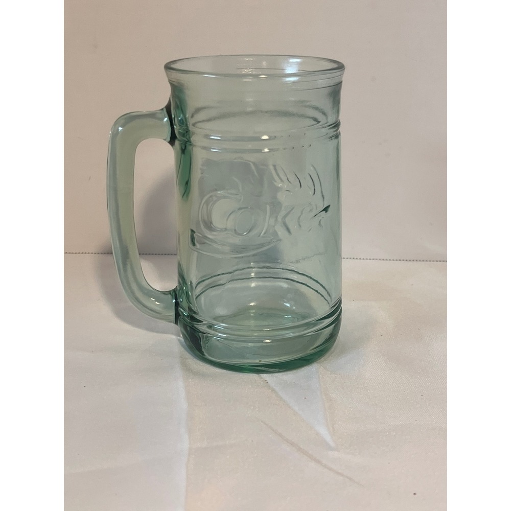 Coca‎ Cola Glass Mug Green Embossed Logo Handle Mug